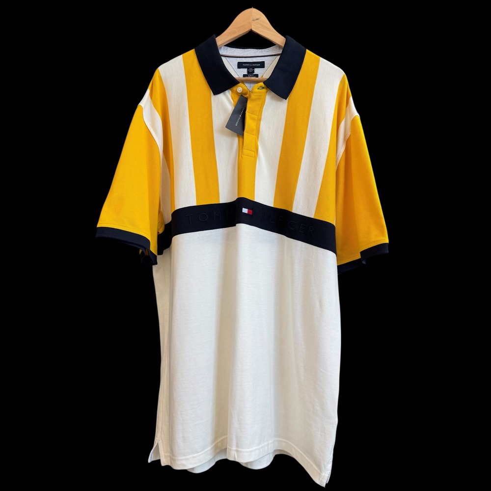Tommy Hilfiger 100% Cotton Slim Fit Stripe Yellow White Navy Polo Shirt NEW #398